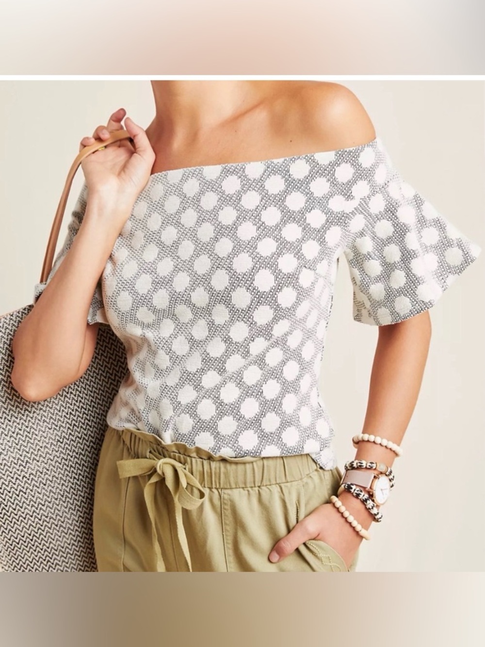Anthropologie Eri + Ali Off-Shoulder Dot Print Women's Top in White and Gray